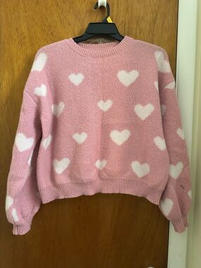 SHEIN Pink Heart Crewneck Sweater